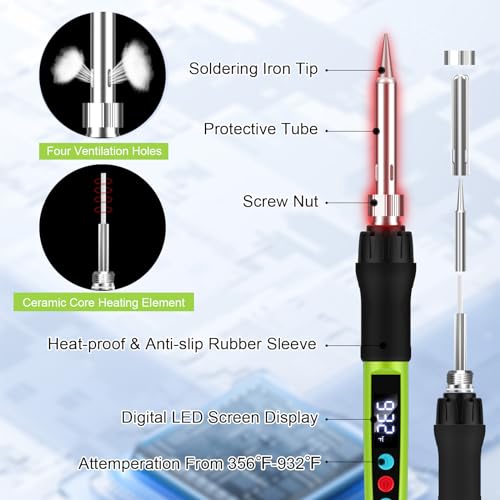 Soldering Iron Kit, 100W Soldering Gun with LED Digital Display, Adjustable Temperature 356-932℉ Solder Kit for Electronics, Includes Soldering Iron Tip, Solder Wire, Stand, Tweezers and Paste, Green - color: Green