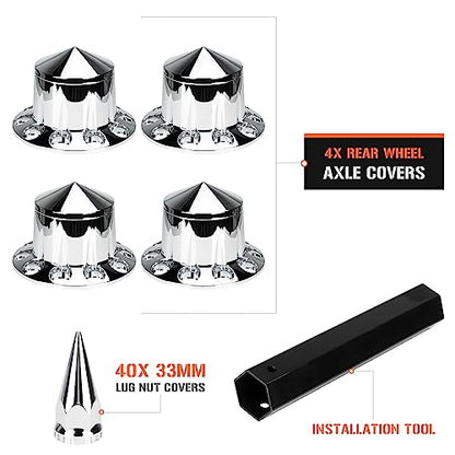 Aeagle Spike Rear Axle Cover Combo Kits for Semi Truck Hubs w/Screw-On 33mm Lug Nut, ABS Plastic Chrome Plated, 10 Hole Removable Caps, 4Pcs - color: Rear Spiked