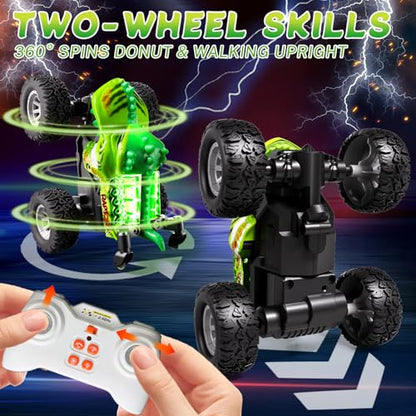 Monster Trucks Toys,2.4GHz Remote Control Car For Boys 4-7,Dinosaur Metal Shell & RGB Light,360° Spin & Walk Upright, With Built-In USB-C Rechargeable Battery,Christmas& Birthday Creativity Gifts.