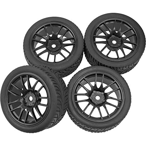 OD 2.55" Rubber Tires & Plastic Wheel Rims 12mm Hex Hub Compatible with HSP Tamiya HPI Kyosho Redcat ExceedRC 1/10 On-Road Touring Car,WLtoys 1/14 144001 RC Buggy (Black) - color: Black