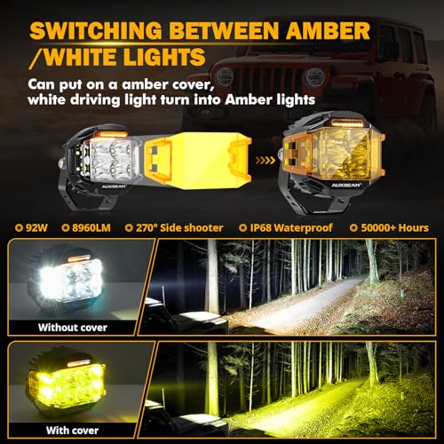 Auxbeam V-MAX Series 4'' 92W Round LED Pod 270° Side Shooter Ditch Lights | 8960LM Pod Lights, Side Shooter LED Offroad Lights with DRL, Spot Flood Combo Beam, 3 Lighting Modes, Auxiliary Pod Light - color: 4in Round LED Pod