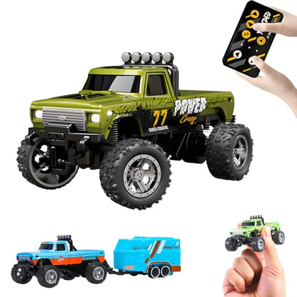 Mini Monster Truck, 1:64 Scale Remote Control Car with Lights, 2.4GHz Off-Road RC Truck, USB Rechargeable RC Car with Adjustable Speed for Kids Indoor & Outdoor Racing (Olive Green) - color: Olive Green