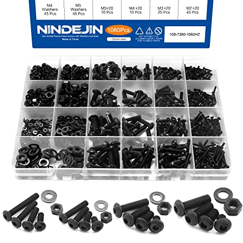 NINDEJIN M5 M4 M3 M2 Hex Socket Head Button Screw Bolts Nuts and Washer Assortment Kit, 1060PCS Small Metric Screws with 4PCS Allen Wrenches, Black Machine Screws Set 12.9 Carbon Steeel | Carbon Steel, Good Rust Resistance, Oxidation Resistance, Socket Sc