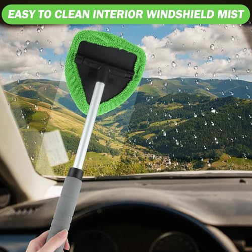 8 Pcs Car Window Cleaner Kit Triangle Shape Include Windshield Cleaning Tool with Extendable Handle 5 Microfiber Bonnets 1 Car Ventilation Brush 1 Empty 50ml Spray Bottle Glass Wiper Kits, Green - color: Green
