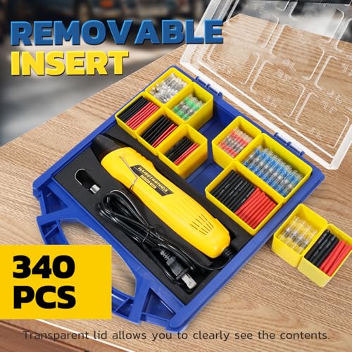haisstronica Solder Seal Connectors and Tubing Kit, Mini Heat Gun, 340PCS | Wire Gauge Markings, Low-Melt Solder Rings, 2 Heat Settings, Removable Bins, Automotive and Trailer Wiring - size: 340PCS