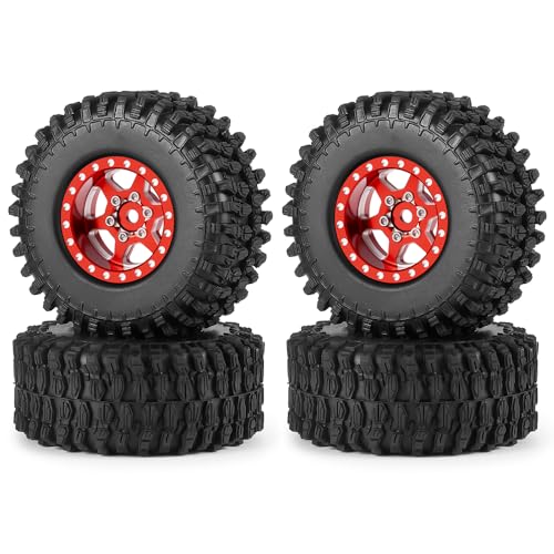MORLORDY 4Pcs 1.0" Beadlock Wheels & 50mm Tires Set for 1/24 RC Crawlers Axial SCX24 Gladiator Deadbolt Bronco C10 JLU Upgrade Parts (Red) - color: Red