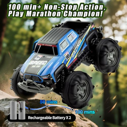 Amphibious Remote Control Car, Monster Trucks for Boys Age 4-7, Monster Truck Toys W/Blocks & 360°Spin, 4WD All-Terrain Off-Road RC Cars with 2 Batteries 100 min, 2.4GHz Pool Toy Gift for Kids - color: Blue