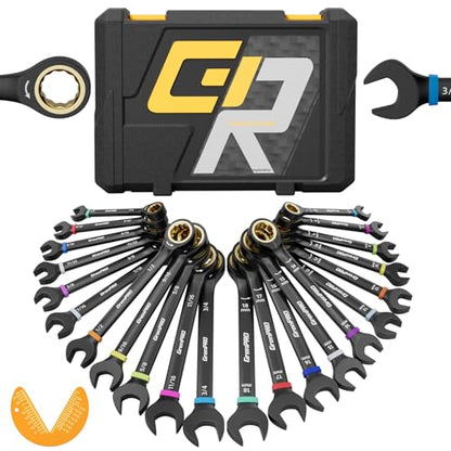 GRENPRO 23PCS Ratcheting Combination Wrench Set SAE Metric Mechanic Tools | 1/4"-3/4"&6-18MM Bolt Gauge, Electro-Coated CR-V 72-Tooth 5Deg Swing 12Pt Color Rings, Roll Pouch for Auto&Home Repair - style: Ratcheting Wrench Set with Color Ring (Metric&SAE)