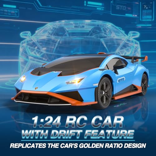 Lamborghini Remote Control Car, 1:24 Scale Officially Licensed Lambo Toy Car, 25KM/H High Speed Fast RC Drift Car with LED Light 2.4GHz Model Cars for Boys Girls Kids Adults Birthday Ideas Gift - color: Blue