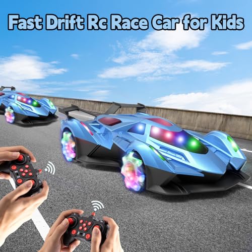 SASBSC Remote Control Car for Boys 4-7 8-12 Drift Rc Cars with 360° Rotation, Spray, Music & Lights 1:12 Rechargeable Rc Car Toys 10-12km/h Sport Race Toy Cars Gifts for Kids (Blue) - color: Blue