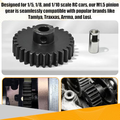 M1.5 29T Pinion Gear 8mm Bore with 8mm to 5mm Shaft Adapter Sleeve, Chromium Steel Motor Gear with Set Screw & Hex Key for Traxxas ARRMA Losi 1/5 1/8 RC Cars - size: 29T