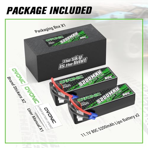OVONIC 80C 3S 5200mAh 11.1V Lipo Battery with EC5 Connector for arrma 1/10, 1/8, 1/7Scale RC Cars and Trucks Buggy Truggy 2pcs
