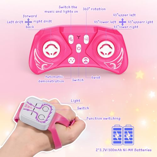 Unicorn Remote Control Car for Girls Age 6-8-12, Pink RC Gesture Sensing Stunt Cars, 2.4Ghz 4WD RC Cars Hand Controlled Remote Control Twist Car with Light & Music, Gift for Kids Age 6 7 8 9 10 11 12+