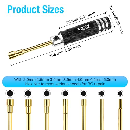 4.26 Inch Mini 7pcs Micro RC Hex Nut Screwdriver Set (2.0-5.0) mm | Hex Head Nut Driver Set, Durable Hex Socket Set RC Tools Kit with Replaceable Tips for 1/24 &1/18 RC Car Truck Hobby Repair