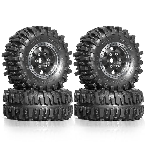 1/24 1/18 RC Crawler Tires and Beadlock Wheels Rims Offset -2.5mm 1.0 Super Soft Sticky Mud Terrain Rock Tyres OD 55mm for 1:24 1:18 Car Axial SCX24 FMS AX24 FCX18 FCX24 TRX4M 4Pcs (Black) - color: Black