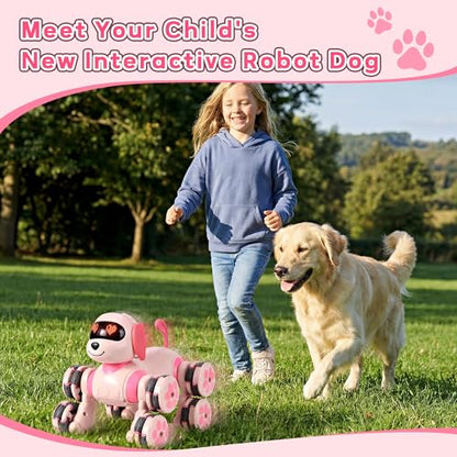 HuiJuKeJi Smart Interactive Robot Dog Toy - Easy Programmable Remote Control Robotic Pet with Gesture Sensing 8WD 360° Stunts, LED Eyes Dancing & Music RC Cars, Birthday Gift for Kids Ages 3-8