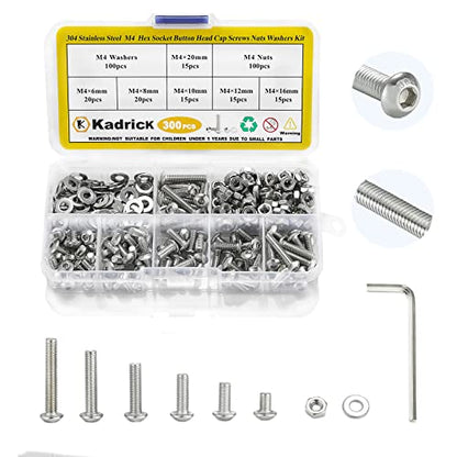 Kadrick 304 Stainless Steel Screws,300 Pcs M4 Screw Assortment Button Head Socket Cap,M4x6mm,8mm,10mm,12mm,16mm,20mm Metric Bolts Nuts Washers Kit with 1 Hex Allen Wrenche | 304 Stainless Steel,M4 Screws Nuts Washers Kit with 1 Hex Allen Wrench - size: M4