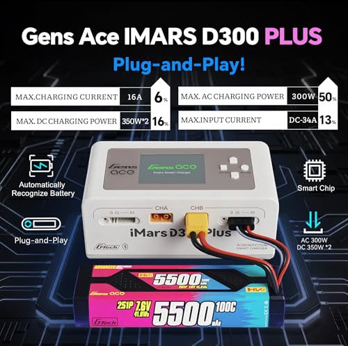 IMARS D300 Plus Gens Ace Dual Lipo Charger G-Tech AC 300W DC 700W 16A Lipo Balance Charger for 1s~6s Lipo Batteries,Life/NiCd/MH/LiHV,Plug&Play