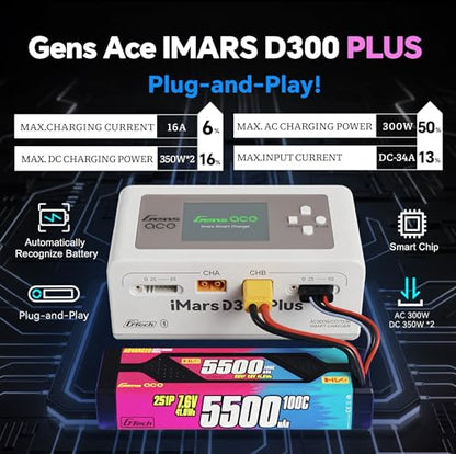 IMARS D300 Plus Gens Ace Dual Lipo Charger G-Tech AC 300W DC 700W 16A Lipo Balance Charger for 1s~6s Lipo Batteries,Life/NiCd/MH/LiHV,Plug&Play