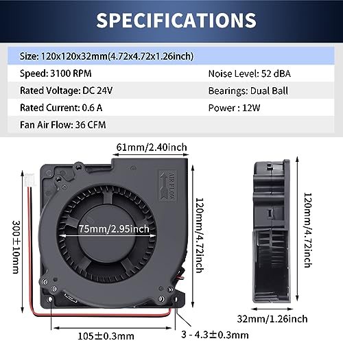 Wathai 120mm x 32mm Small 24V Centrifugal Blower Fan 24 Volt Cooling 2Pin | Dual Ball Brushless Cooling Turbo Fan for Limited Space DIY Projects - style: 120mm 24V 2Pin