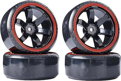 4Pcs 63mm RC Drift Car Tires Hard Tyres Plastic Wheel Rims for 1/10 On-Road Drifting Car for HSP Tamiya HPI Kyosho Spare Parts(Black/Red) - color: Black/Red