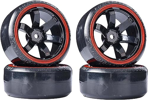 4Pcs 63mm RC Drift Car Tires Hard Tyres Plastic Wheel Rims for 1/10 On-Road Drifting Car for HSP Tamiya HPI Kyosho Spare Parts(Black/Red) - color: Black/Red