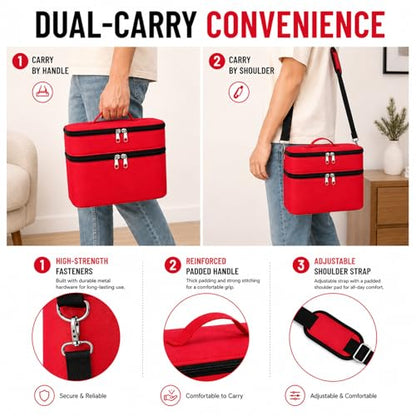 Bevegekos 2-Layer Carrying Case for Toniebox Gen 1 & 2, Holds 25+ Figures | EPE foam padded, 2 velcro dividers, fits headphones & charging station, adjustable strap, ideal for travel and daily use - color: Red