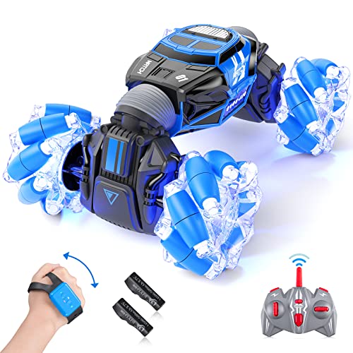 Gesture RC Car, Gesture Sensing RC Stunt Car Toys with Lights & Dance for Kids 6-12 yr, 2.4GHz 4WD Hand Remote Control with Lights Music, Off-Road 360° Rotation Drift for Birthday Toy Gifts-(BLUE)