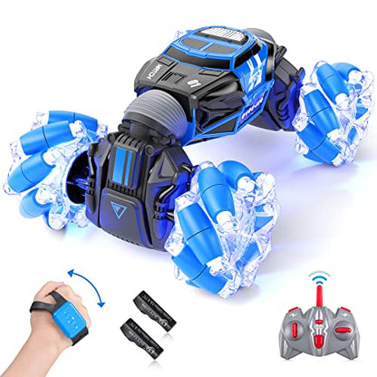 Gesture RC Car, Gesture Sensing RC Stunt Car Toys with Lights & Dance for Kids 6-12 yr, 2.4GHz 4WD Hand Remote Control with Lights Music, Off-Road 360° Rotation Drift for Birthday Toy Gifts-(BLUE)