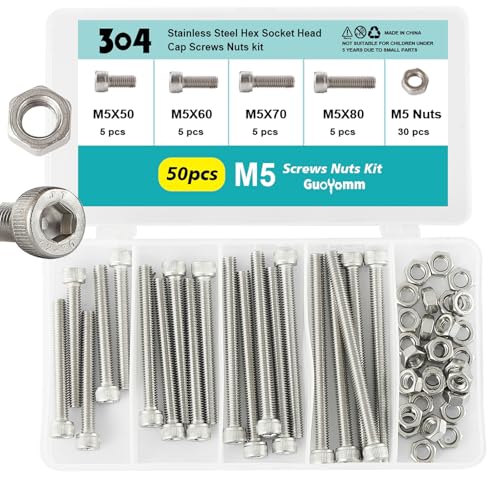 50PCS M5 x 50mm 60mm 70mm 80mm, Hex Socket Head Cap Screws Bolts Nuts Kit, Stainless Steel 304, Metric Allen Drive, Fully Threaded - size: Socket M5x50/60/70/80mm