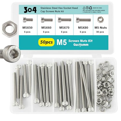 50PCS M5 x 50mm 60mm 70mm 80mm, Hex Socket Head Cap Screws Bolts Nuts Kit, Stainless Steel 304, Metric Allen Drive, Fully Threaded - size: Socket M5x50/60/70/80mm