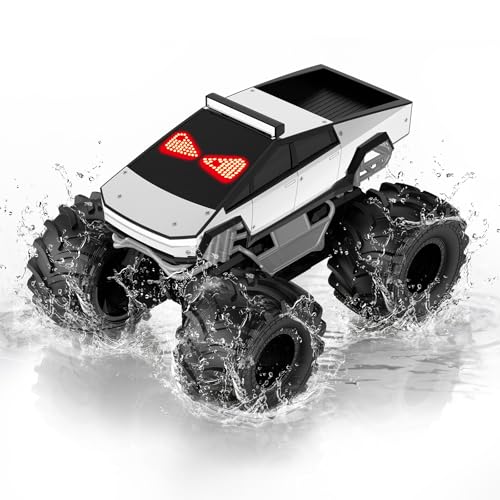 Remote Control Car with LED Eyes, Amphibious Monster Truck Boys Toys RC Cars, 2.4 GHz Waterproof RC Trucks, Rechargeable 4WD All Terrain Off-Road Pickup, Boy Christmas Birthday Gifts Kids Toys Ages 6+ - color: Light Silver