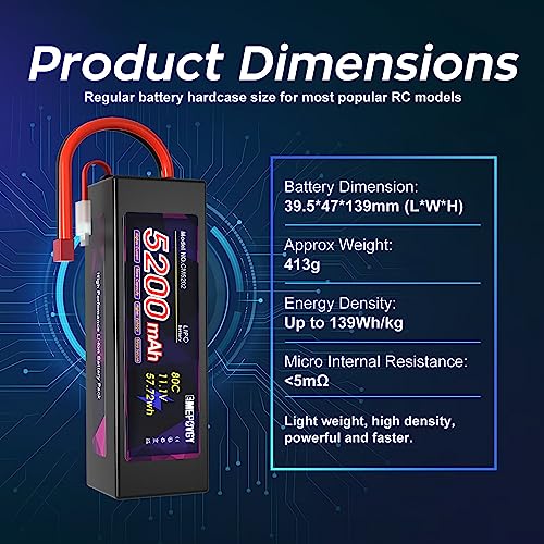 11.1V Lipo Battery 3S 5200mAh 80C Lipos Hard Case with T Connector for RC Car Trucks 1/8 1/10 RC Vehicles - color: T