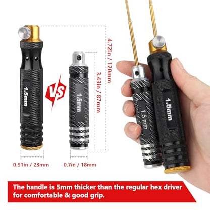 HobbyPark Titanium Hex Driver Allen Screwdriver Set 1.5mm 2.0mm 2.5mm 3.0mm Extended Thickened Handle for RC Crawler RC Car Truck Buggy On Road Touring Drift (Black & Gold Handle)
