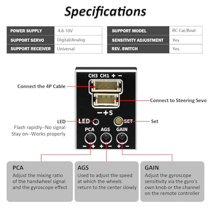3 Axis Gyro Module RC Car Gyro Stabilizer with Aluminum Case Automatic Stability Control Gyro Sensitivity Adjustable for RC Crawlers Cars and Boats