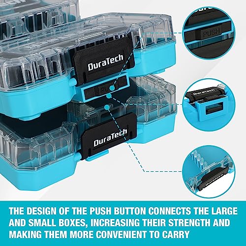 DuraTech 3-Piece Small Parts Tool Box Organizer with 14 Dividers | Stackable Clear-Lid Boxes with 14 Removable Dividers; Storage for Screws, Nuts, Bolts, Nails, Drill Bits and Small Hardware