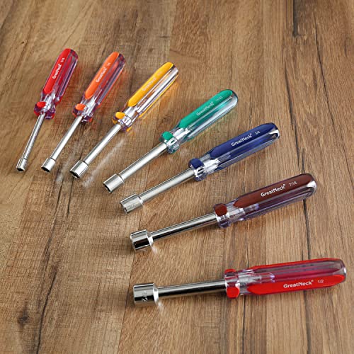 Great Neck ND72 7-Pc SAE Nut Driver Set, Nut Drivers for Automotive, Mechanical, and DIY Projects, Chrome Vanadium Steel, Acetate Color-Coded Handles, Rust-Resistant, ANSI Rated Tools - size: SAE