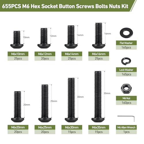 655PCS M6 Bolt Assortment Kit, M6 x 10/12/14/16/20/25/30/35mm Button Head Hex Socket Cap Screws Nuts Bolts Washer Assortment Kit 10.9 Grade Alloy Steel Black Oxide - size: M6 655PCS Button Black
