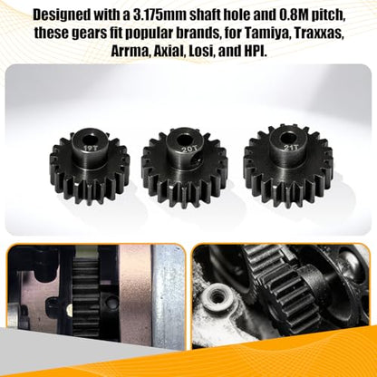 0.8M Pinion Gear Set Hardened Steel 3.175mm Shaft 19T 20T 21T Pinion Gears with Screws and Hex for Tamiya, Traxxas, Arrma, Axial, Losi, HPI 1/10 RC Car Brushless Brush Motor Upgrade - size: 19 20 21T