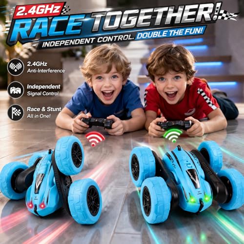 Remote Control Car for Kids, 360° Rotating Stunt Car, Double-Sided Driving, 2.4GHz RC Car with LED Headlights, Rechargeable All Terrain Toy, Extra 4 Green Wheels, Gift for Boys Girls Ages 4-8 6-12 - color: Blue+extra 4 Green Wheels