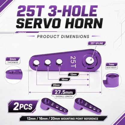 2PCS 25T Aluminum Servo Horn, 3-Hole RC Steering Arm for Futaba Savox MG995 | CNC Aluminum Servo Arm M3 Thread Adjustable Linkage 12mm 16mm 20mm Positions 1/8 1/10 RC Power HD MG996 Crawler Buggy Truck - color: Purple