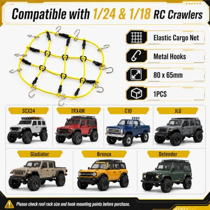 1:24 RC Roof Cargo Net with Hooks, 80x65mm Elastic Luggage Net for Axial SCX24 90081 AXI00002 AXI00001 AXI90081 C10 JLU Gladiator Bronco TRX4M 1/24 1/18 RC Crawler Scale Accessories, Yellow - color: Yellow