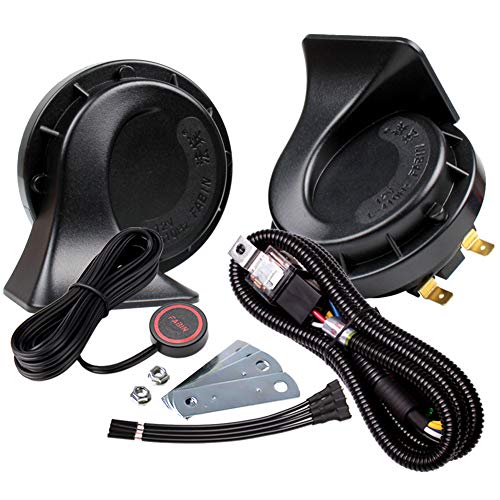 FARBIN Car Horns Kit with Button 12V Truck Horn Loud Train Horn for Car Electric Air Horns (Black Snail horn with harness and button, 12v) | Black classic design, waterproof, 12V 130dB, with relay wiring harness and push button switch, universal for any 1