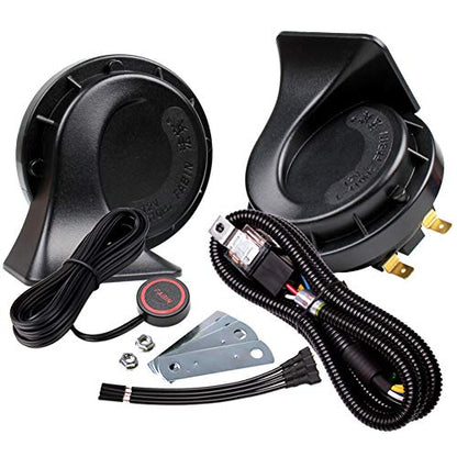 FARBIN Car Horns Kit with Button 12V Truck Horn Loud Train Horn for Car Electric Air Horns (Black Snail horn with harness and button, 12v) | Black classic design, waterproof, 12V 130dB, with relay wiring harness and push button switch, universal for any 1
