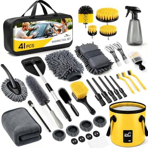 41Pcs Car Detailing Kit Interior with Drill Brush, Folding Bucket & Tote | Cleaning Set for Interior & Wheel Care, Portable, Fits Cars, Trucks & Motorcycles, Ideal for Diy Car Detailing, Yellow - size: 41Pcs