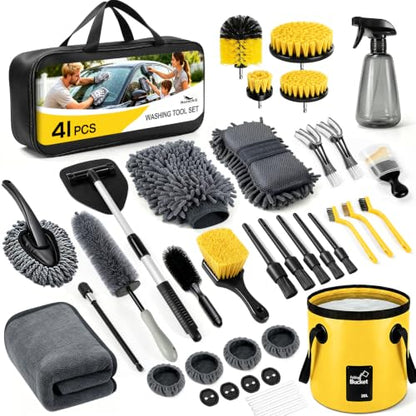 41Pcs Car Detailing Kit Interior with Drill Brush, Folding Bucket & Tote | Cleaning Set for Interior & Wheel Care, Portable, Fits Cars, Trucks & Motorcycles, Ideal for Diy Car Detailing, Yellow - size: 41Pcs