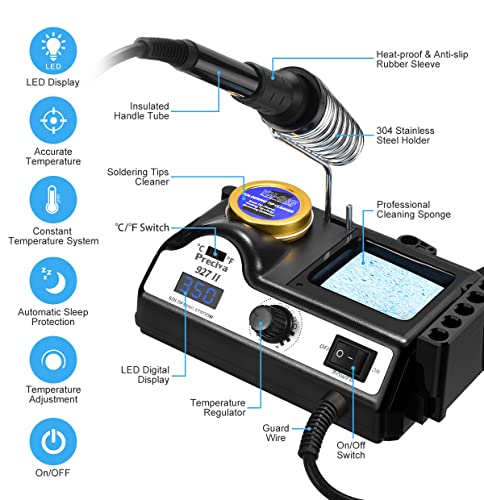 Preciva 927II Soldering Station, 120W MAX Soldering Iron Set with 5 Extra Iron Tips, Adjustable Temperature 194°F to 896°F, Auto Standby,°C/°F Conversion,Tip Cleaner - size: 927II