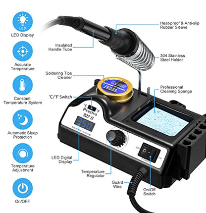 Preciva 927II Soldering Station, 120W MAX Soldering Iron Set with 5 Extra Iron Tips, Adjustable Temperature 194°F to 896°F, Auto Standby,°C/°F Conversion,Tip Cleaner - size: 927II