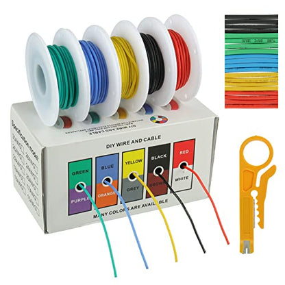 BOJACK 24 AWG Flexible Silicone Wire Electric Wire Hook up Wire Kit 300V Cables with Plus 20 φ3mm Heat Shrink Tubings and a Mini Wire Stripper(5 Colors 19.69Ft Each Color, 24AWG) - size: 24 AWG Silikondraht