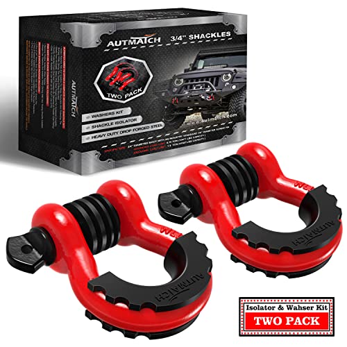 AUTMATCH 3/4" D Ring Shackles (2-Pack) - 41,887 lbs Break Strength | Clevis Shackle with 7/8" Pin & Isolator Washer Kit for Tow Strap, Winch, Towing & Off-Road Vehicle Recovery, Red & Black - color: Red & Black